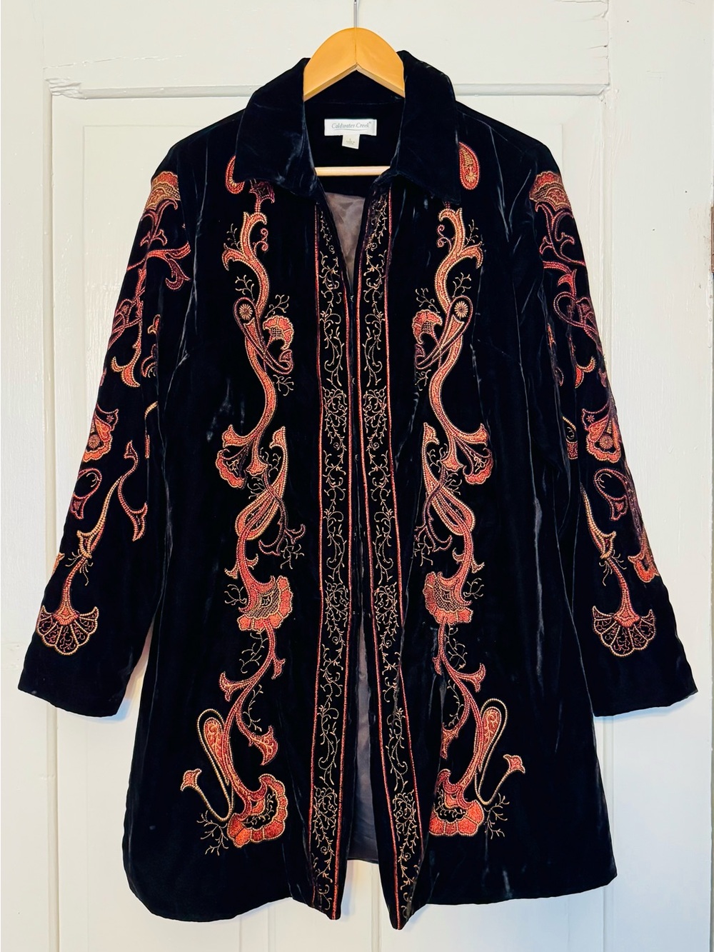Coldwater Creek Black Velvet Coat with Red and Orange Embroidery